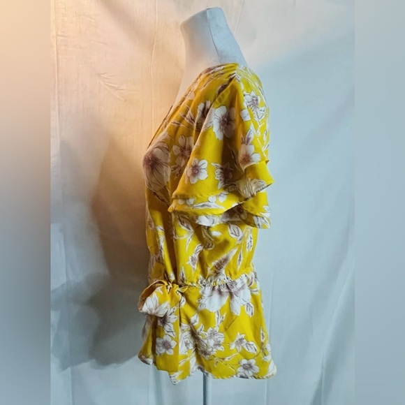 Meraki Woman's Yellow Floral V-Neck Short Sleeve Waist Tie Blouse Size XL NWT - Picture 7 of 14